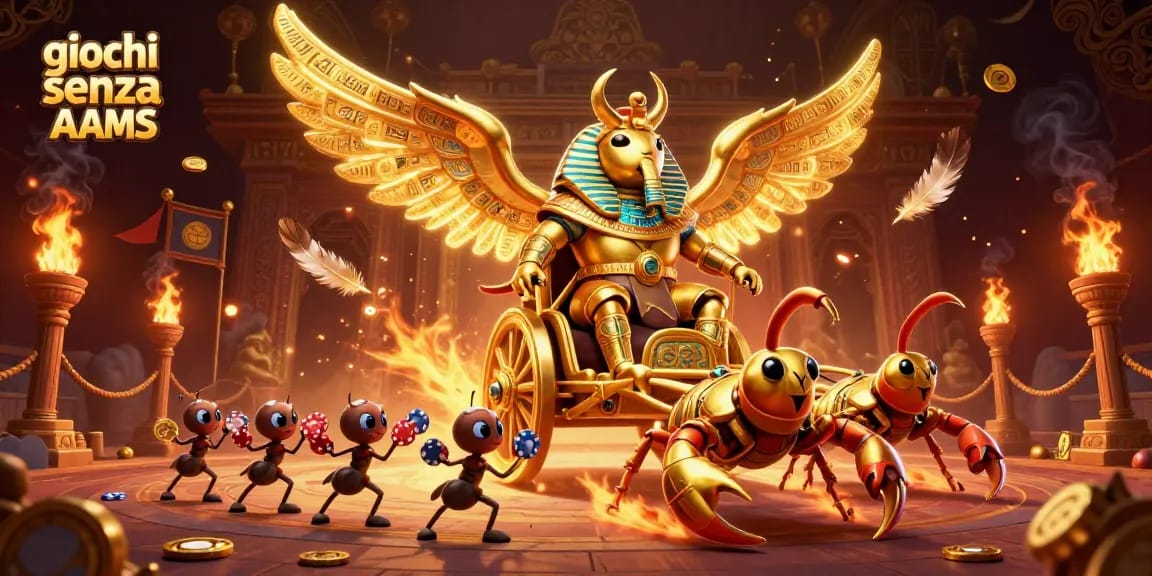 I migliori giochi senza AAMS illustrati con uno scarabeo dorato e scorpioni, ricchi dettagli e atmosfera di festa.