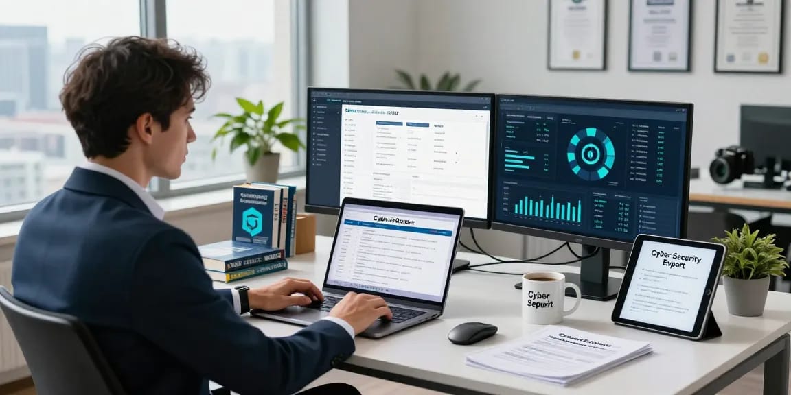 Professional reviewing a cyber essentials checklist in a bright office