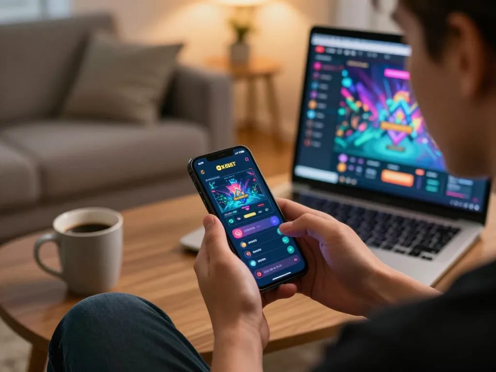 Player engaging with 8xbet mobile app on smartphone, showcasing online gaming strategies in a cozy setup