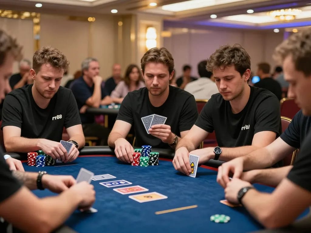 Players engage in intense poker gameplay at rr88's upscale casino.