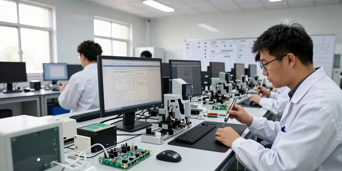 Engineers examining Piezo switch components in a cleanroom environment