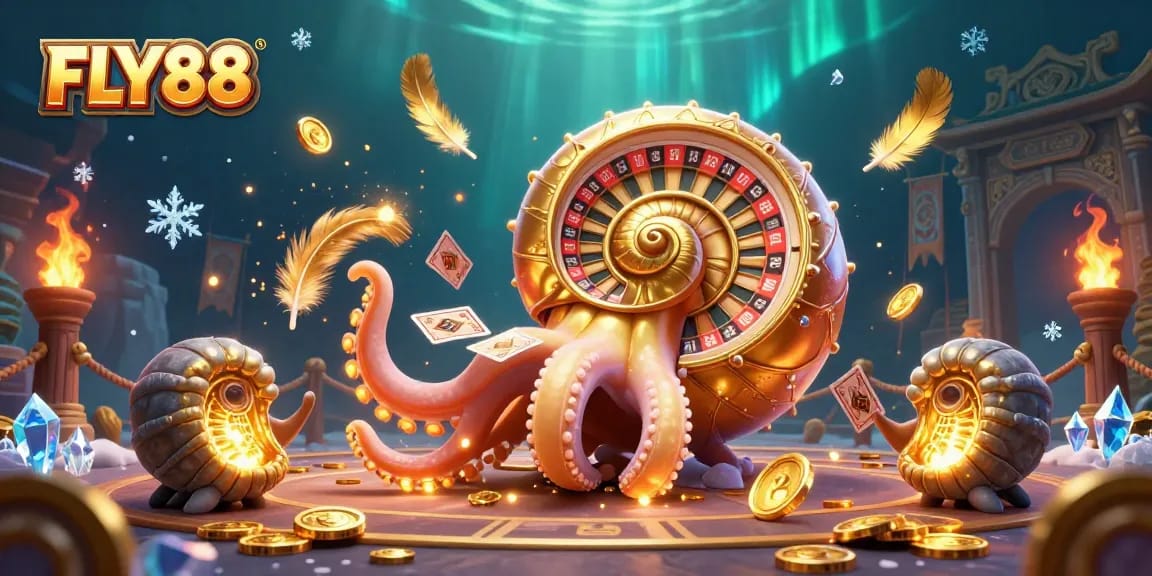 FLY88 showcases a vibrant 3D casino scene with ancient nautilus and glowing ammonite companions.
