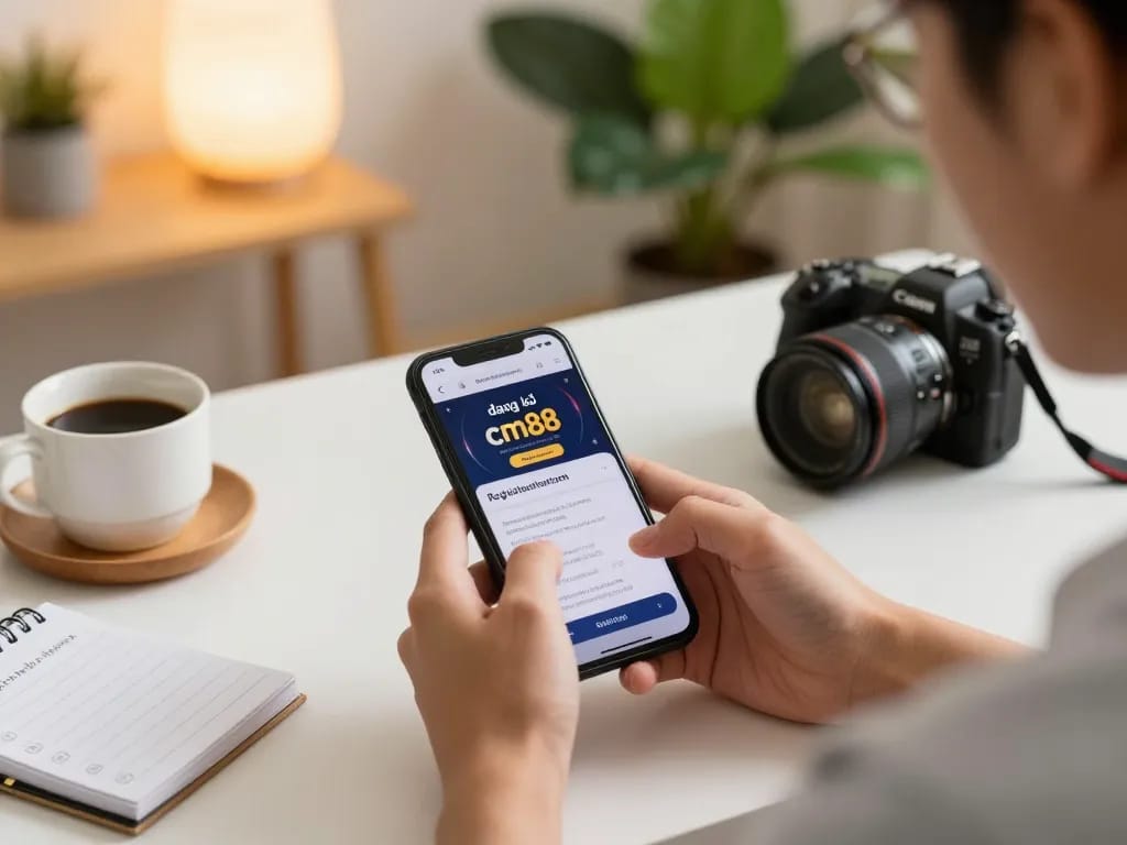 Engaging registration process on đăng ký cm88 for an online casino from a smartphone in a cozy home.