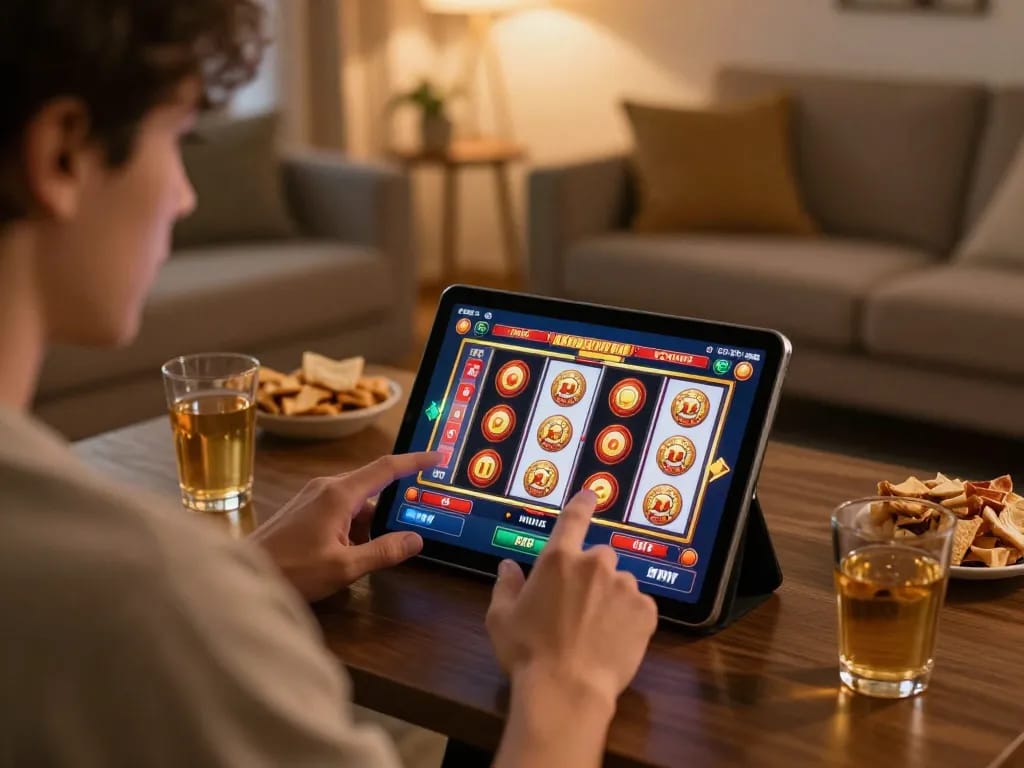 Engaging online gaming scene with kkwin player enjoying slots in cozy home setting.