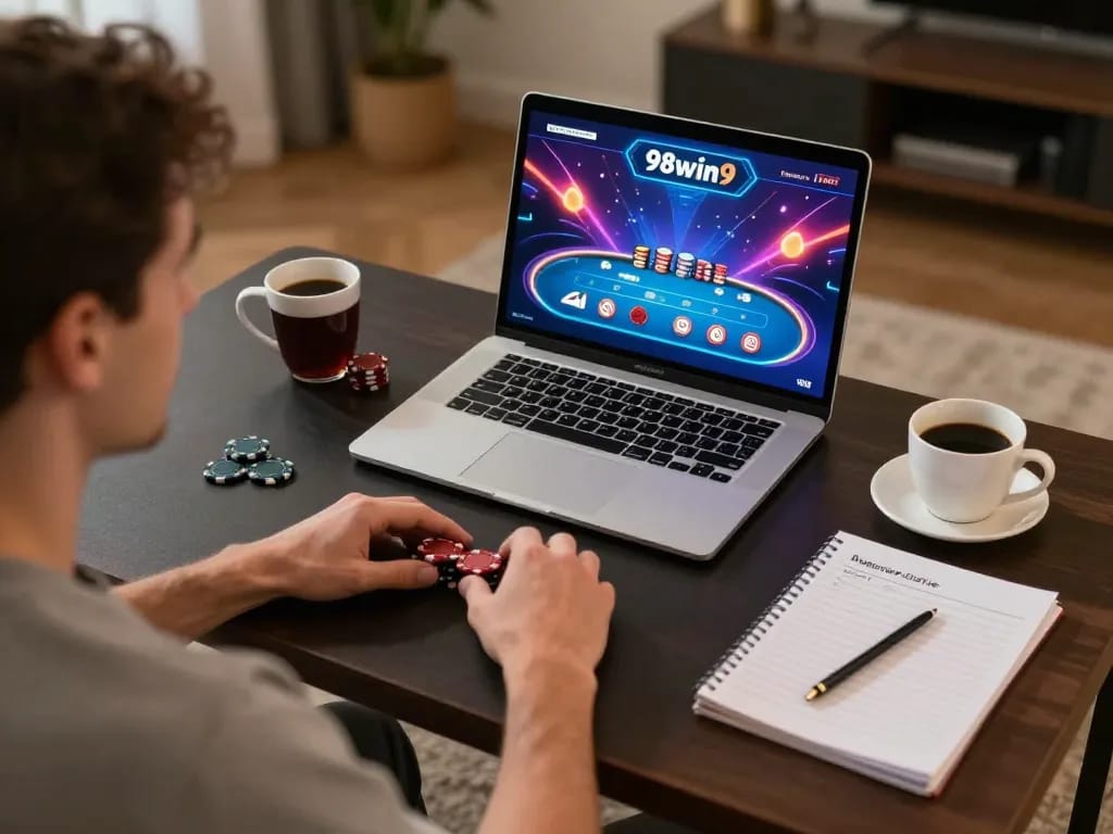 Engaging poker gameplay on 98win9 with strategic focus and warm home lighting