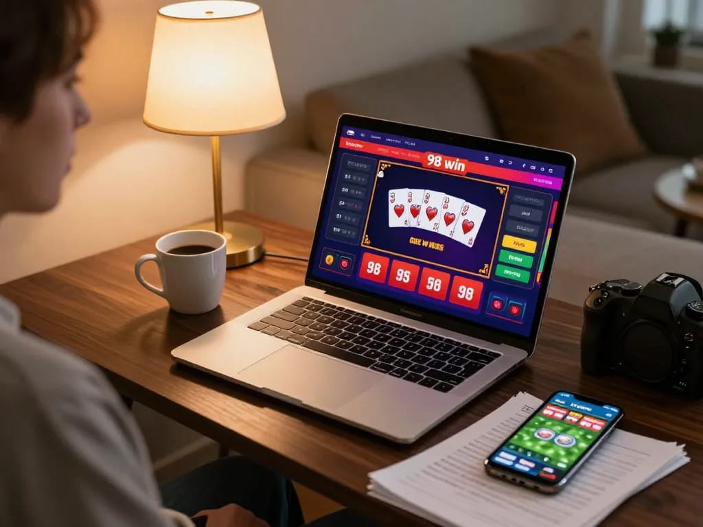 Playing online poker at home with 98 win interface on laptop and betting strategy notes