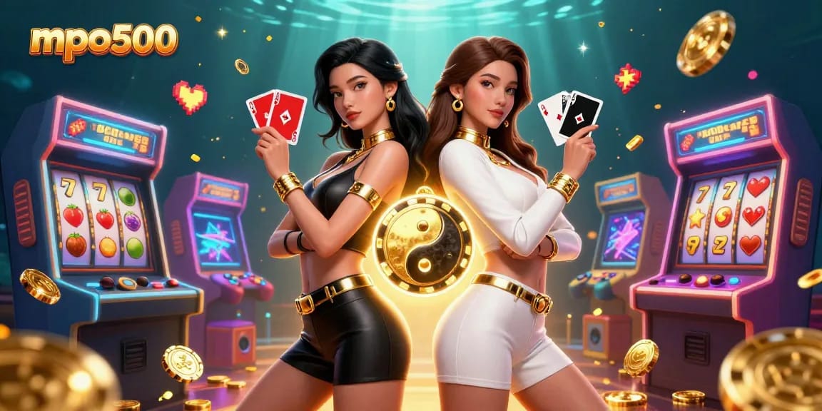 Engage with mpo500's thrilling slots experience, featuring powerful twin Asian women playing cards in a vibrant casino setting.