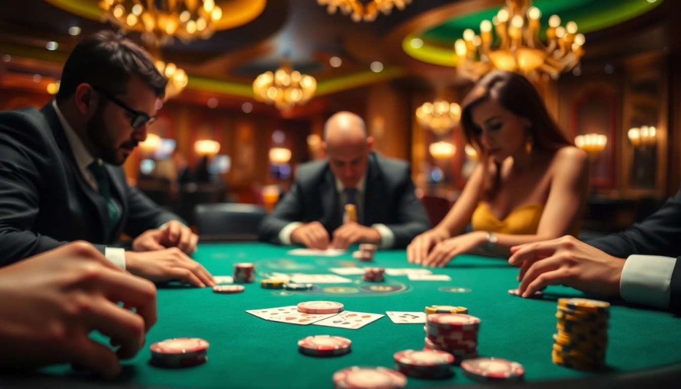 Melihat ondel4d daftar dengan pemain intens dalam permainan poker di kasino.