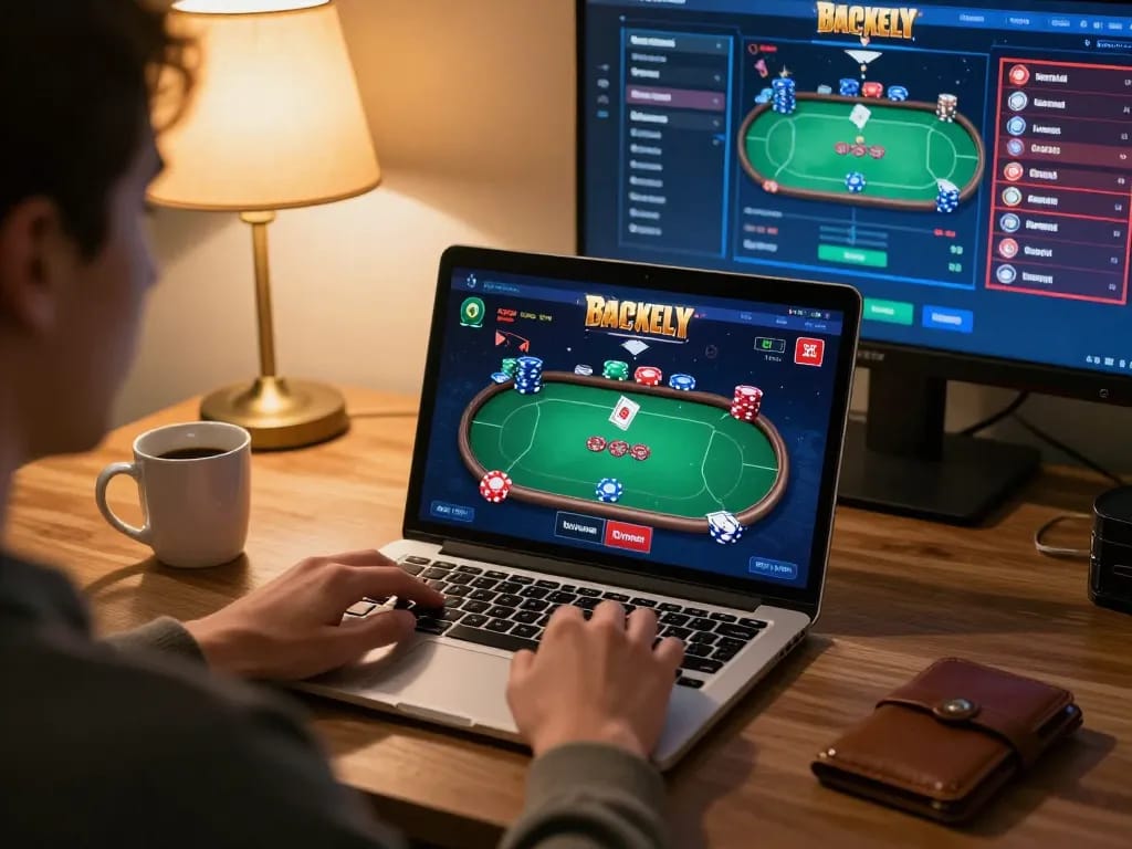 win678 player enjoying online poker on a laptop at home with engaging gameplay.