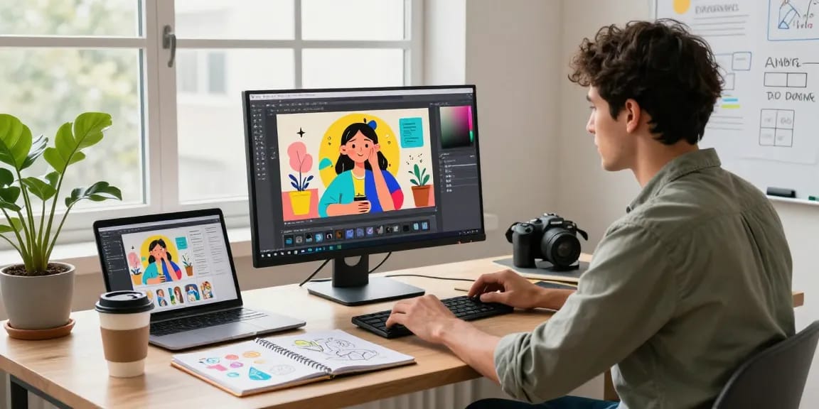 Designer using nano banana pro to create stunning AI images in a modern workspace.