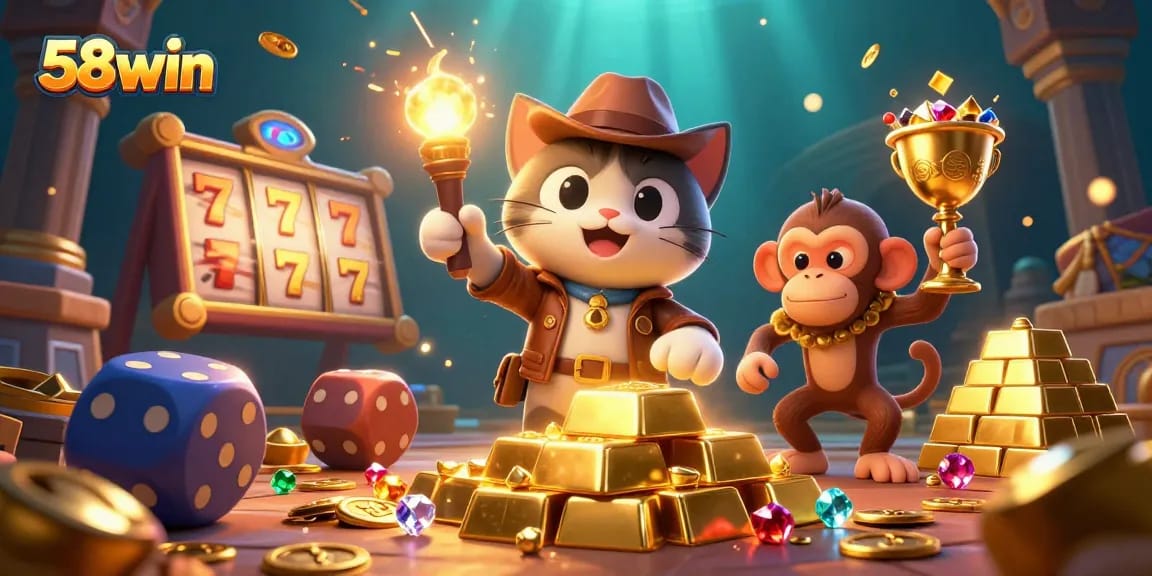 Engage with the thrill of 58win as the cartoon archaeologist cat explores a treasure-filled casino.