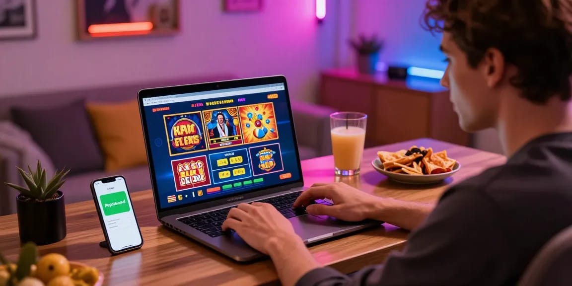 Spieler genießt Spiele in einem Paysafe Card Casino in einem lebhaften Heim-Setup mit der sichtbaren Paysafecard-App.