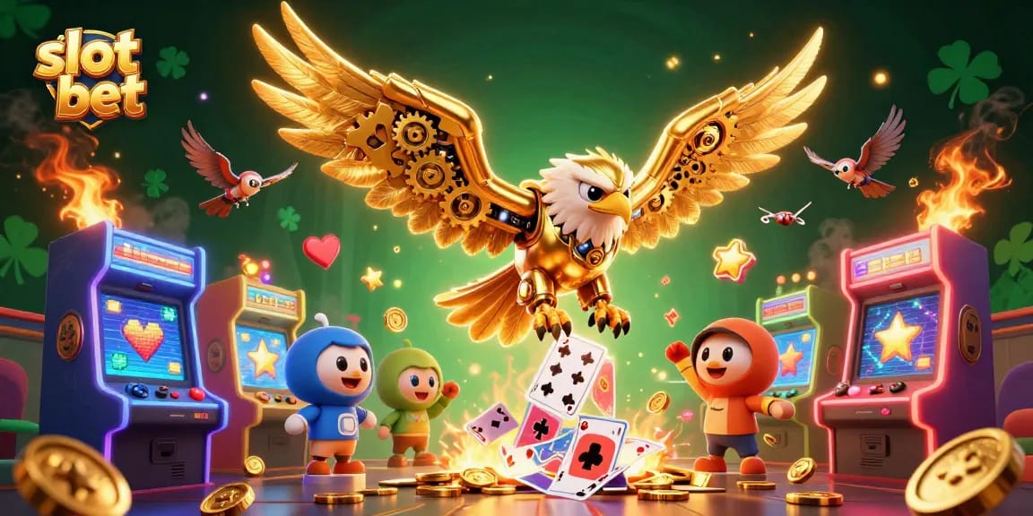 Slot bet dengan simbol slot yang menarik mengelilingi elang emas dalam ilustrasi 3D yang memukau.