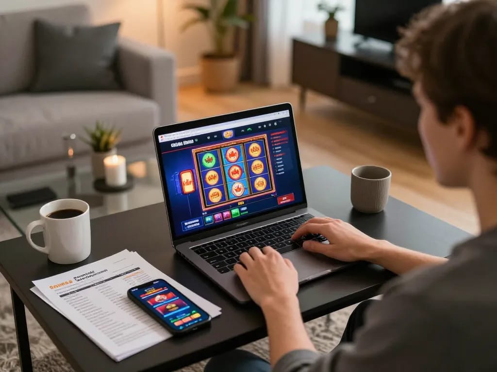 Playing thrilling games at online casinos in Canada with an engaging home setup, showcasing strategy notes.