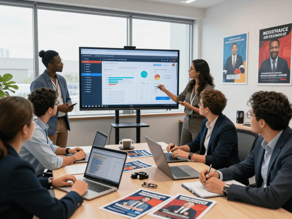 Mass text for political campaigns visualized with strategists analyzing data in dynamic office setting