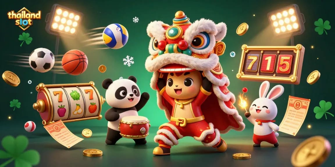 Spin the reels at thailand slot with a vibrant lion dance, drums, and dynamic casino elements.