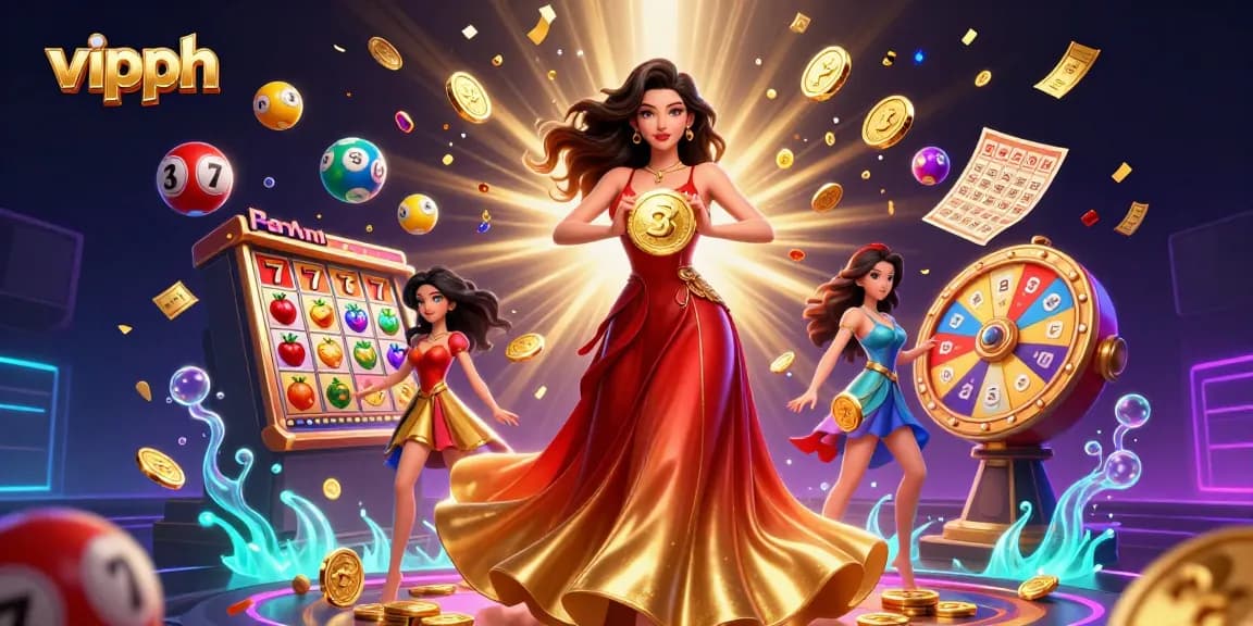 Experience thrilling gaming action with vipph's vibrant casino scene featuring a stunning Asian woman.