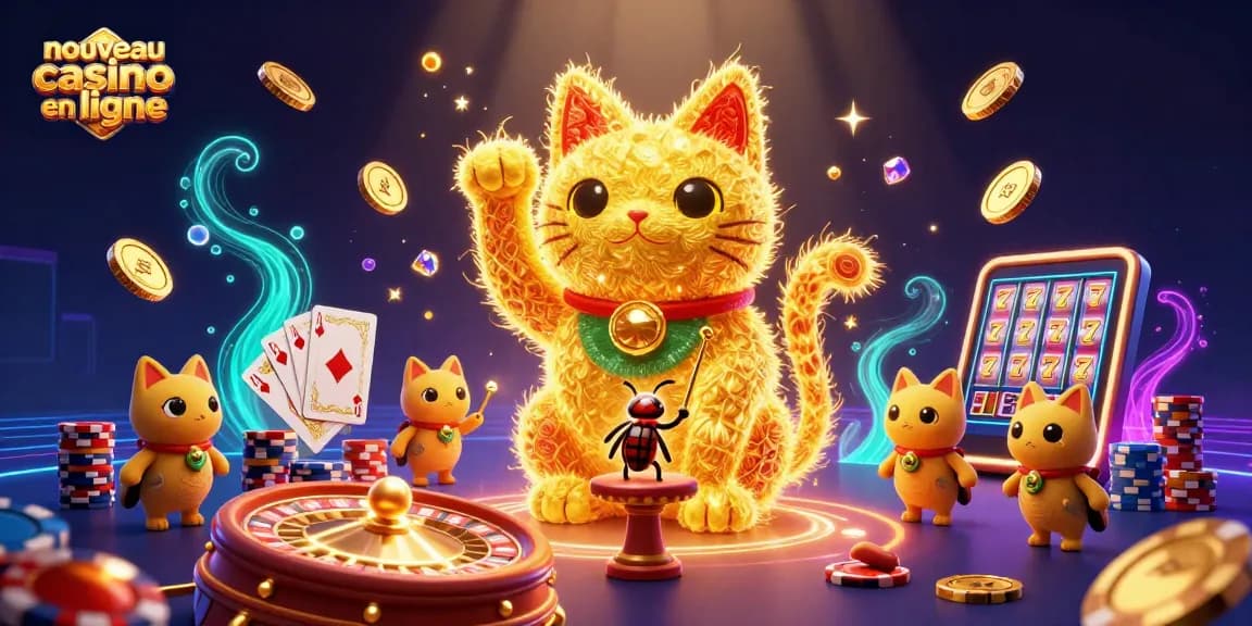 Jouez avec les nouveaux casinos en ligne illustrés par un chat porte-bonheur dynamique.