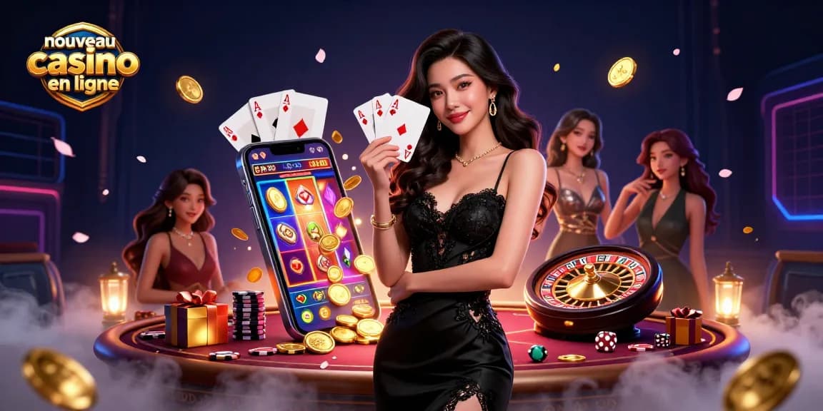 Illustration de nouveau casino en ligne mettant en avant des éléments de jeu glamour et une atmosphère gagnante dans une scène 3D époustouflante.