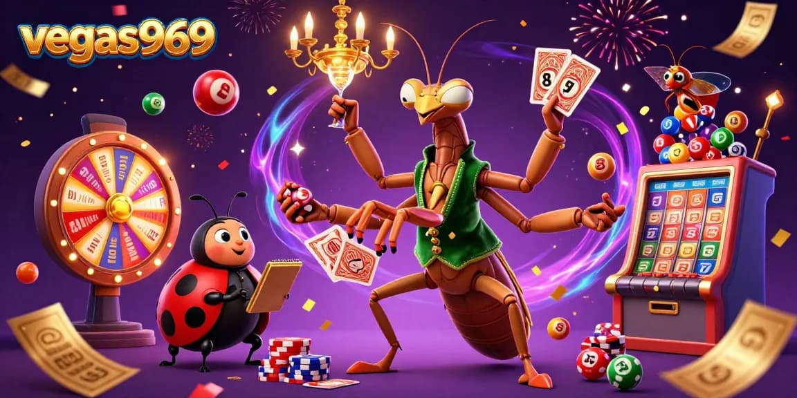 Vegas969 slot game dynamic scene with vibrant lottery elements and animated characters.