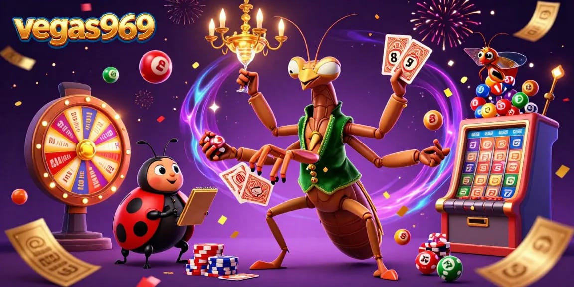 Vegas969 slot game dynamic scene with vibrant lottery elements and animated characters.
