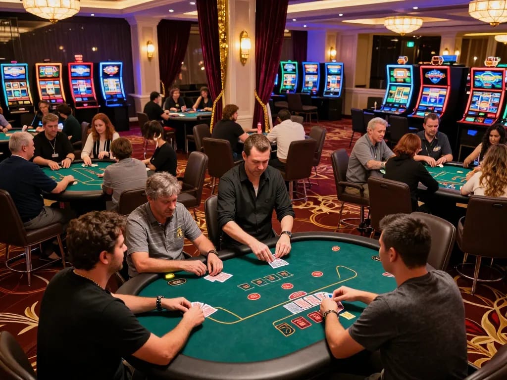 Players enjoying poker at F8betz casino, highlighting dynamic gameplay under vibrant lights.