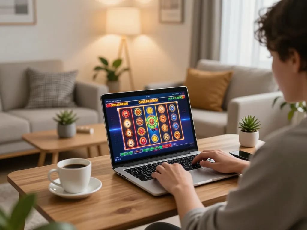 Player enjoying a vibrant slot game on laptop at home, 78wingo online gaming atmosphere