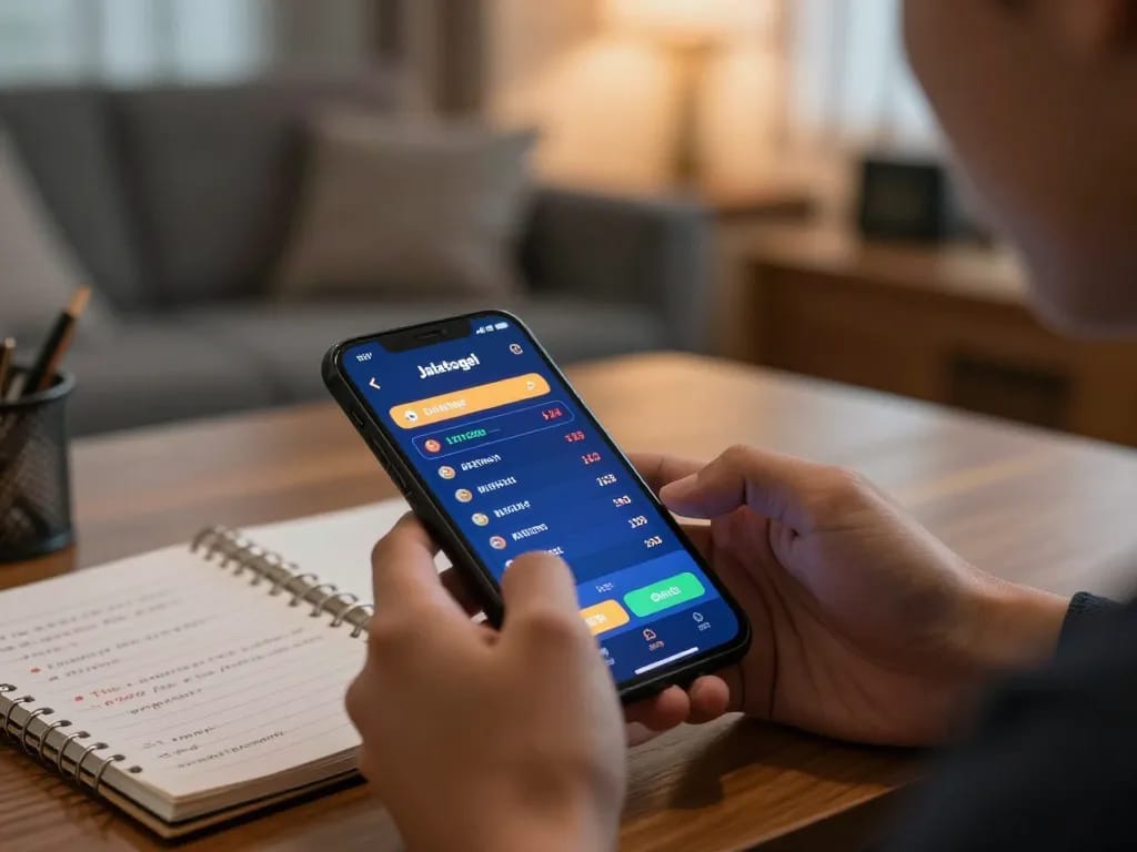 Pemain berinteraksi dengan aplikasi Jalatogel di perangkat mobile, menampilkan taruhan langsung dan hasilnya.