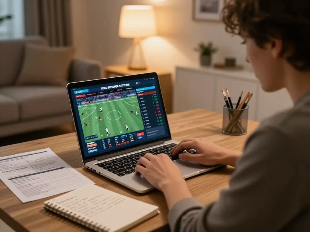 Bongdallu user analyzing live sports odds and making strategic bets in a cozy home setting.