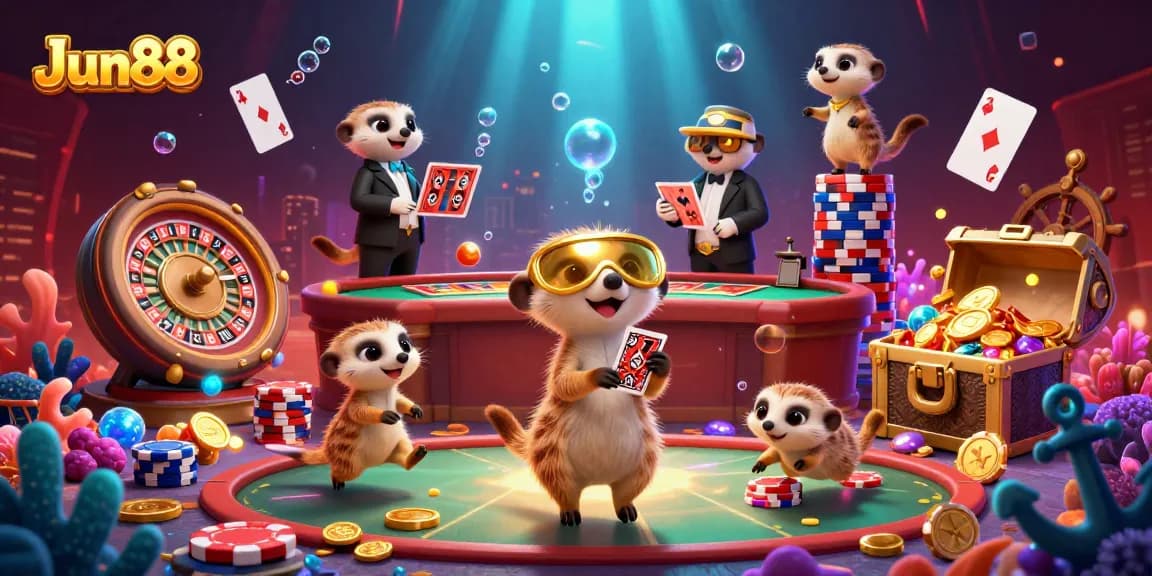 Experience the thrill of Jun88 with meerkats managing a lively casino operation rich in colorful treasures and gaming elements.