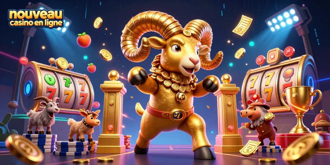 Le nouveau casino en ligne avec un ram doré chargé de pièces et des rouleaux de machines à sous en action.