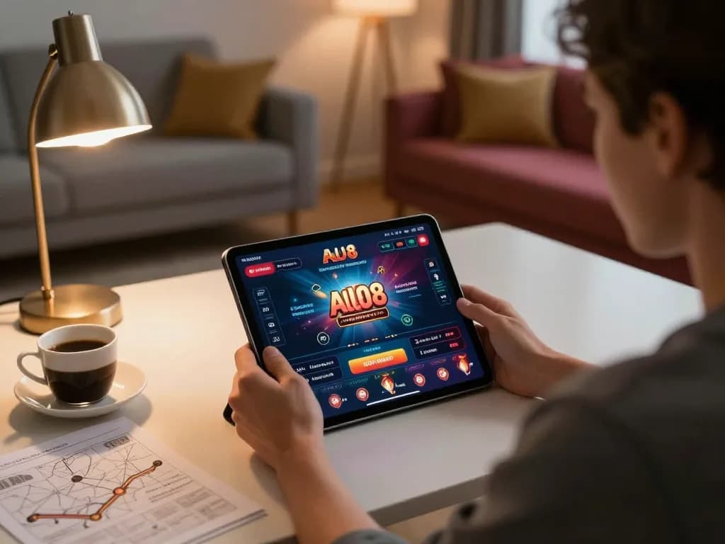 Player engaging with ALO8 casino app on tablet, showcasing online gambling strategy and fun.