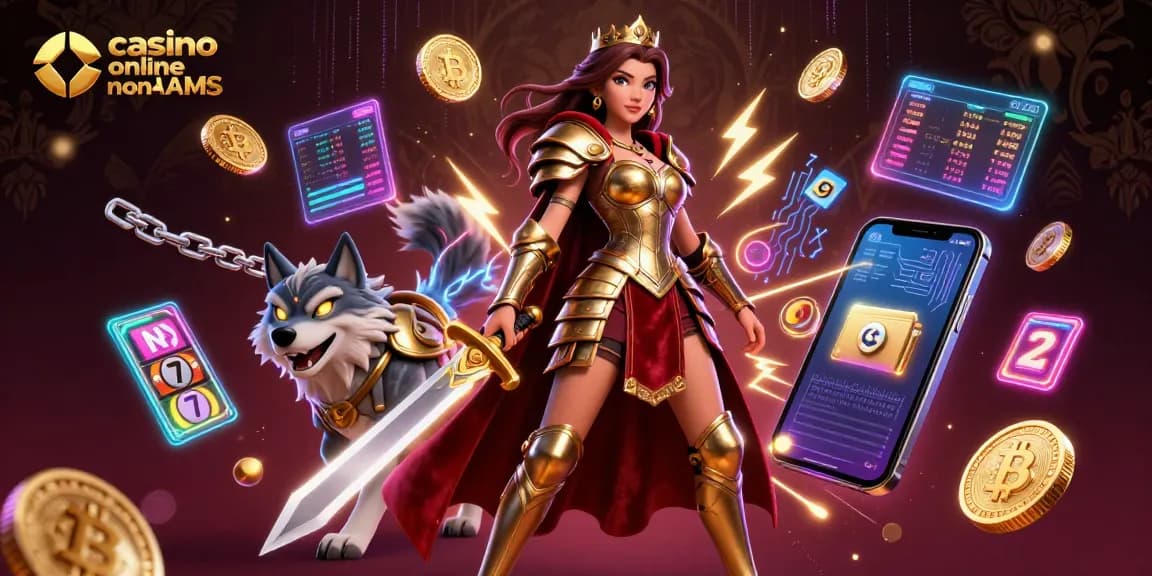 Interagisci con i casino online non AAMS attraverso un'illustrazione 3D vibrante che presenta una regina guerriera e elementi crypto.
