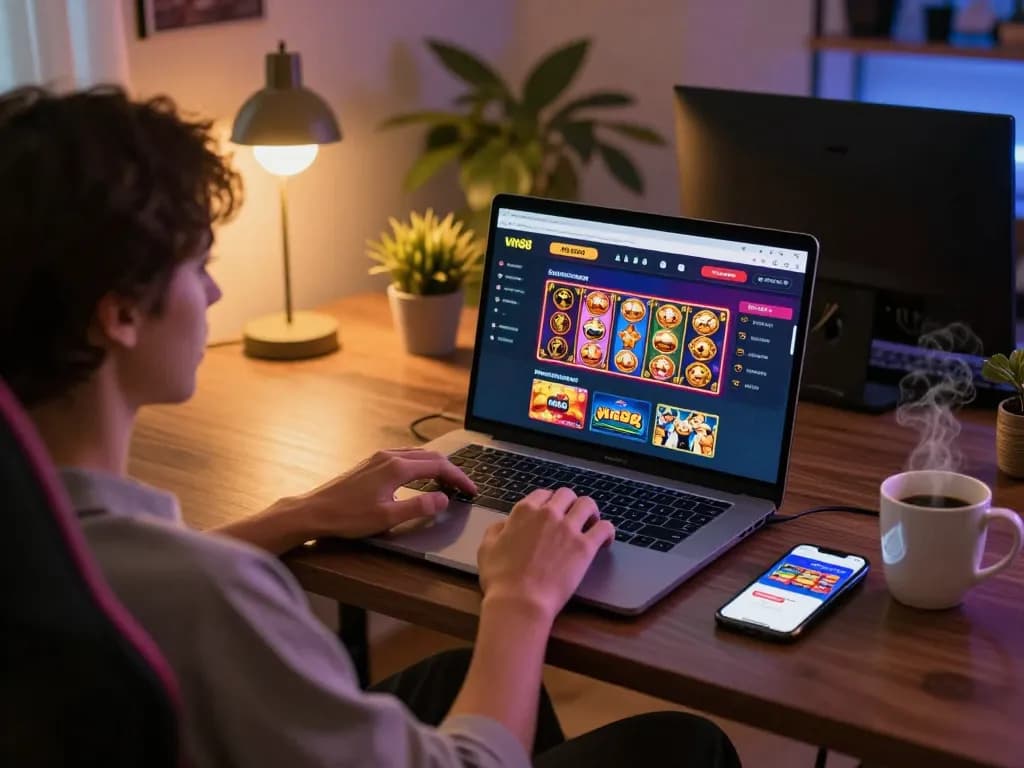Person playing at the vin88 online casino on a cozy setup, showcasing various gaming options.