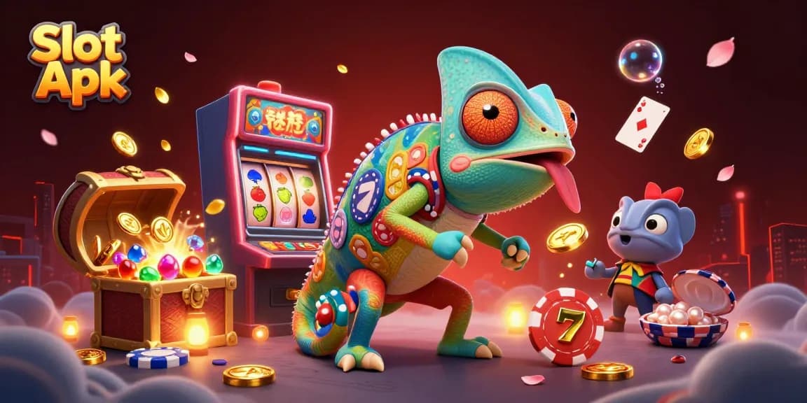 Experience the excitement of Slot Apk with vibrant slot machine illustrations and animated gold coins.