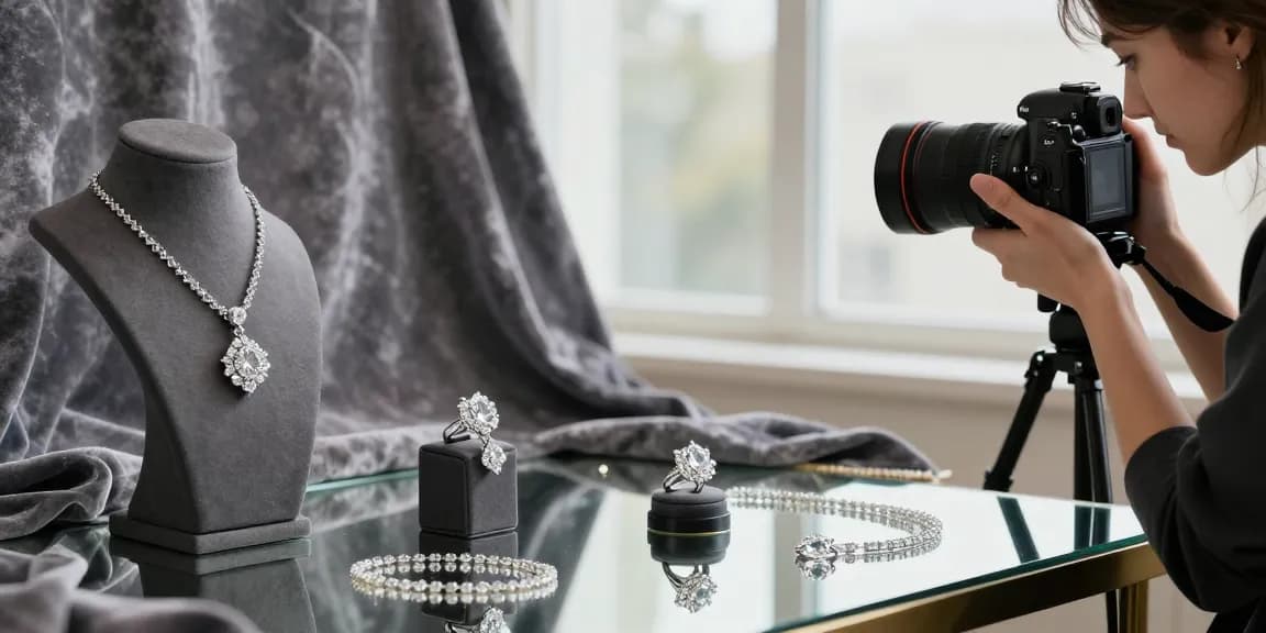 Photographie professionnelle par un photographe de bijoux mettant en valeur des bijoux précieux dans un studio élégant.