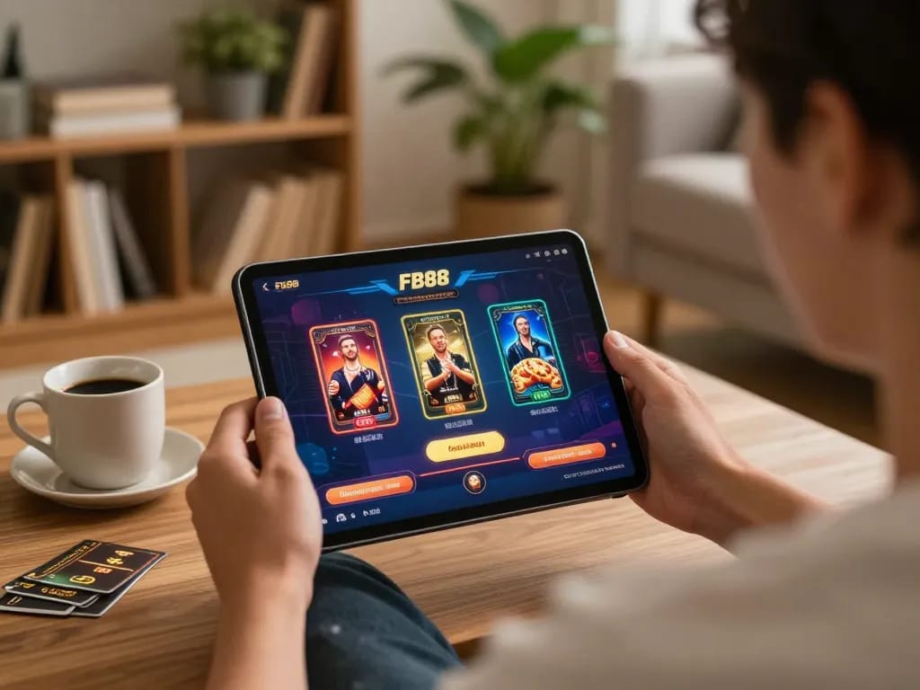 Engage with the FB88 app interface in a cozy home setting for online gaming