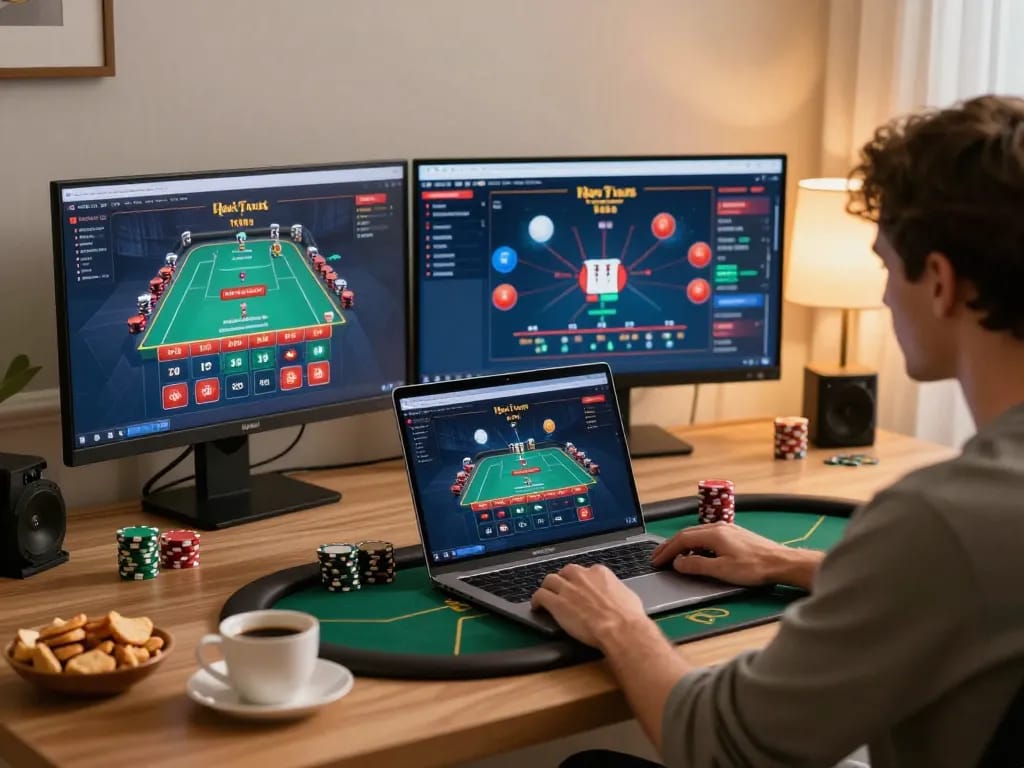 Player engaged in online gaming at lc 88, showcasing a laptop with a vibrant poker interface.