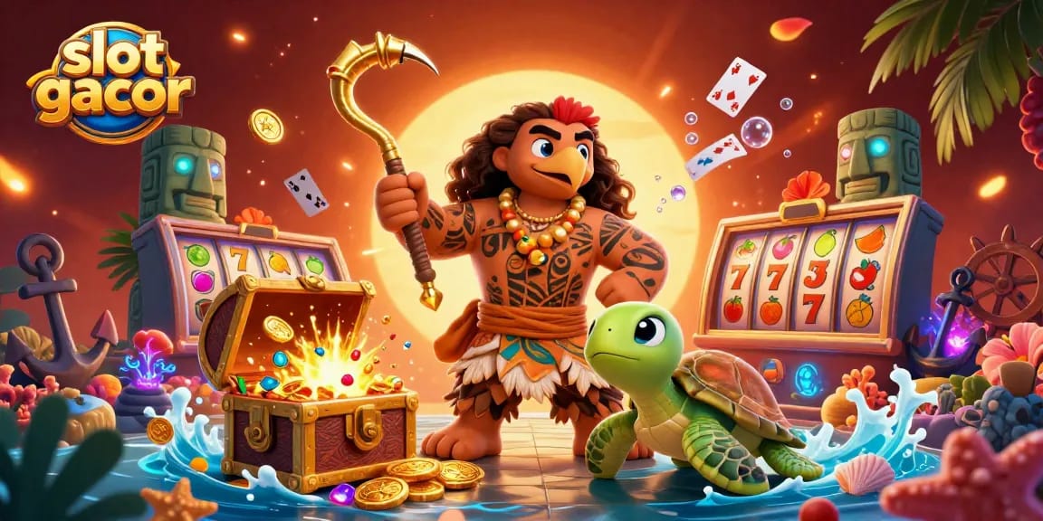 Immerse in the vibrant world of slot gacor games with a colorful illustration featuring lively characters and dynamic casino elements.