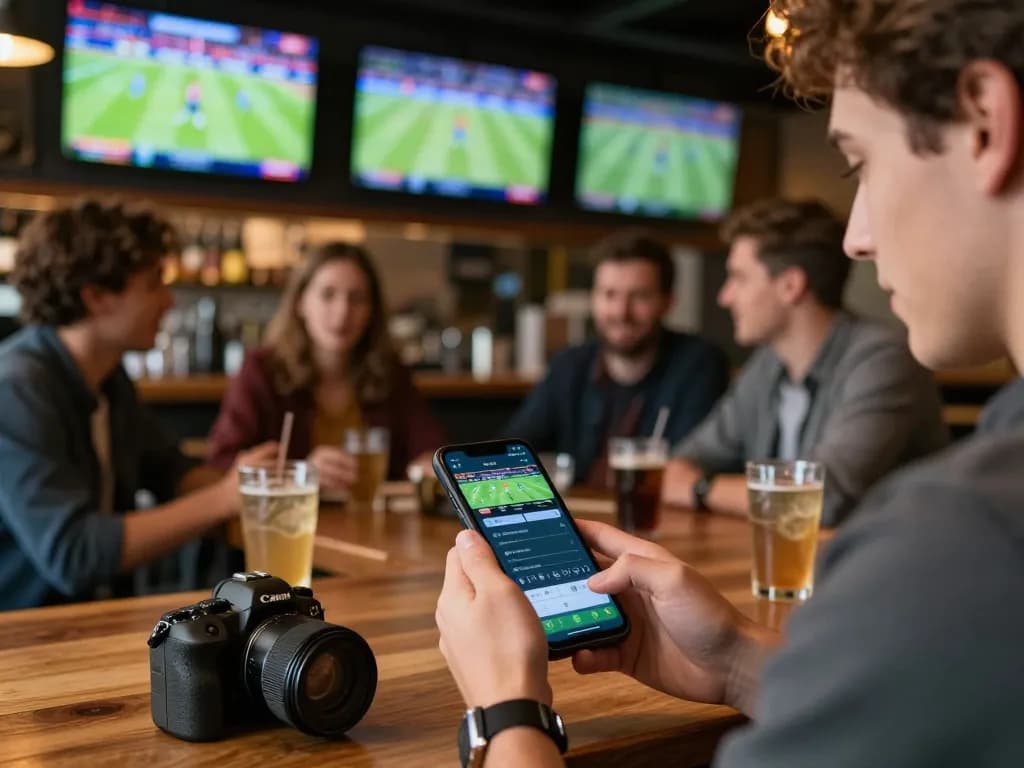 Engaging with the LLWIN app for sports betting at a vibrant bar.
