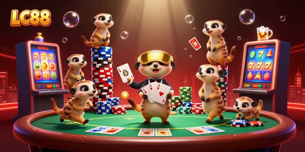 LC88 meerkats managing a vibrant casino scene with colorful slot machines and poker action