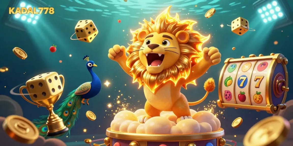 KADAL778 showcases an energetic casino scene with a sun lion, golden dice, and slot elements.