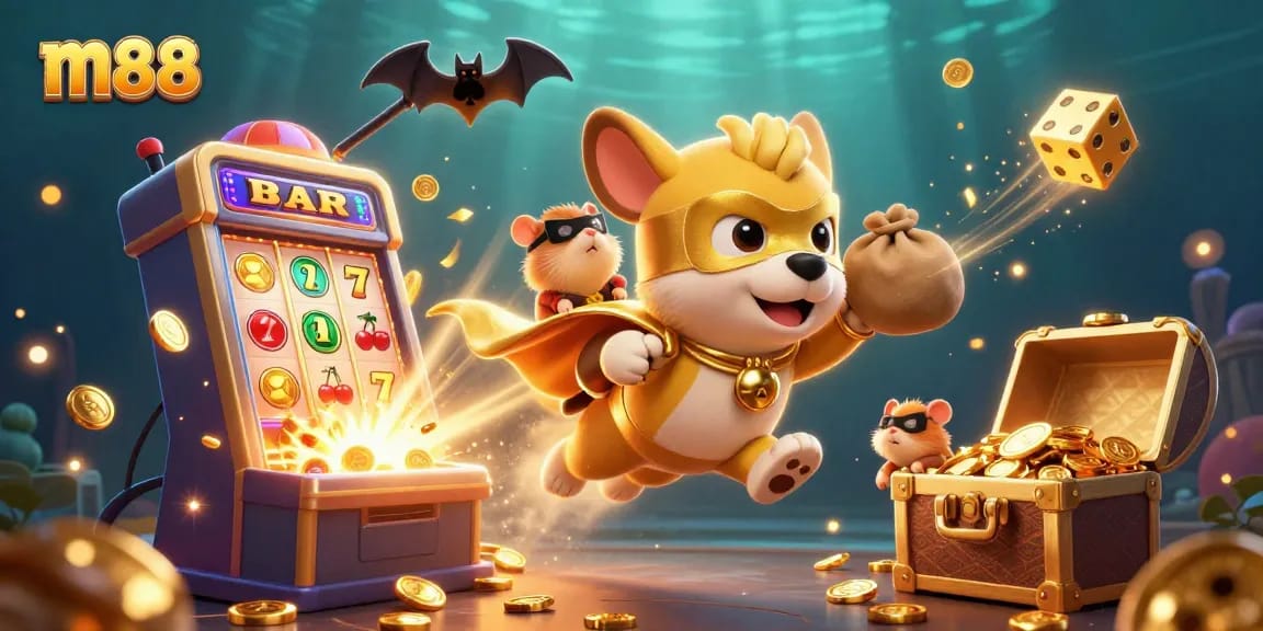 Experience thrilling m88 online gambling with a superhero dog and hamster collecting jackpots.