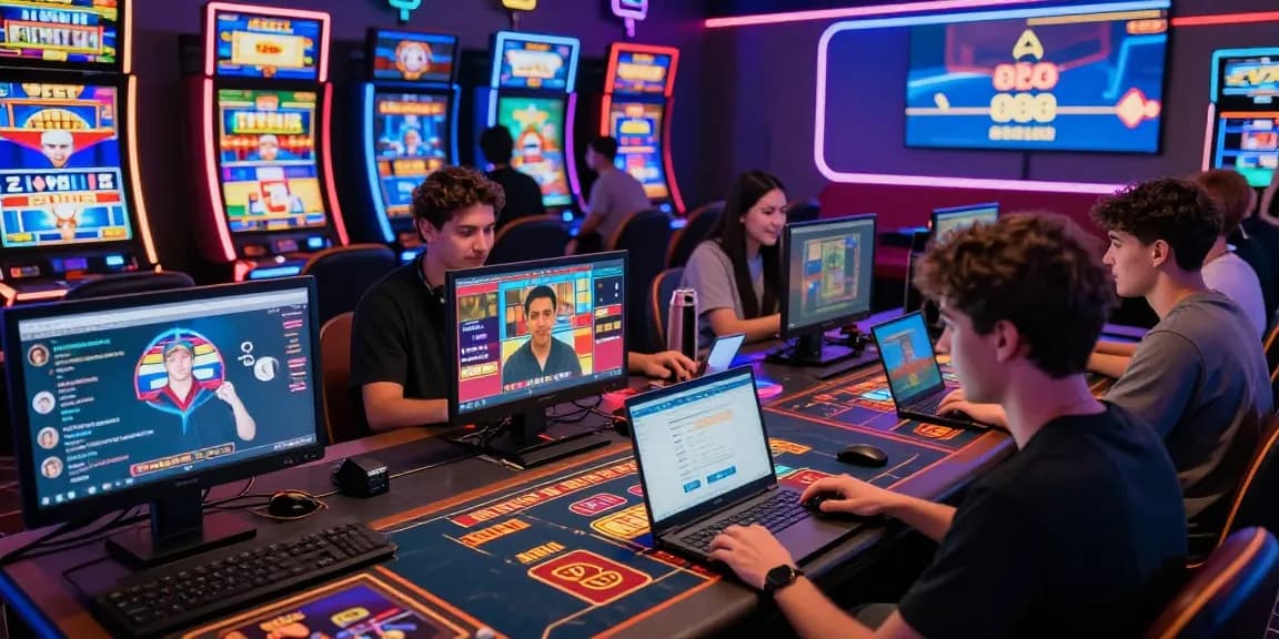 Des joueurs interagissant dans un environnement captivant de nouveau casino en ligne avec des thèmes numériques vibrants et des éléments de jeu.