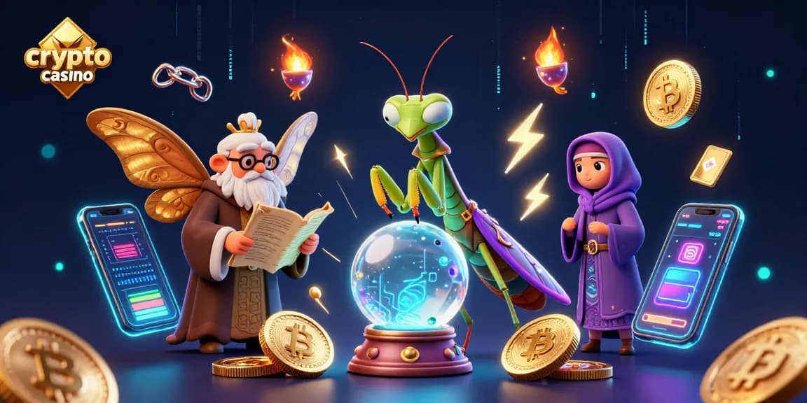 Jouez à un crypto casino avec des pièces Bitcoin et Ethereum dans un cadre mystique.