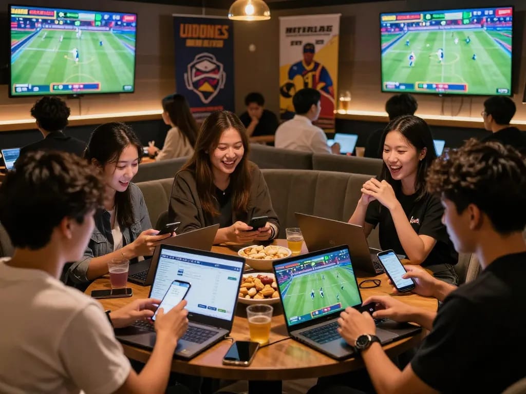 Friends enjoying live sports analysis while using the Myfairplay app in a vibrant gaming lounge.