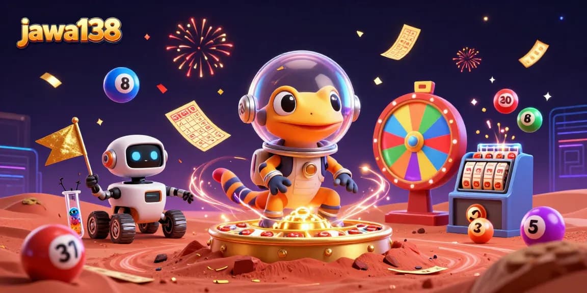 Experience excitement at jawa138 with a Martian gecko exploring a golden casino amidst vibrant gambling elements.