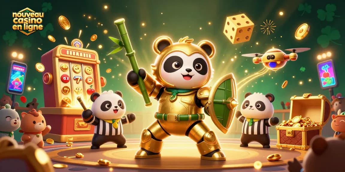 Illustration dynamique d'un nouveau casino en ligne avec un panda en combinaison en méca et une machine à sous.
