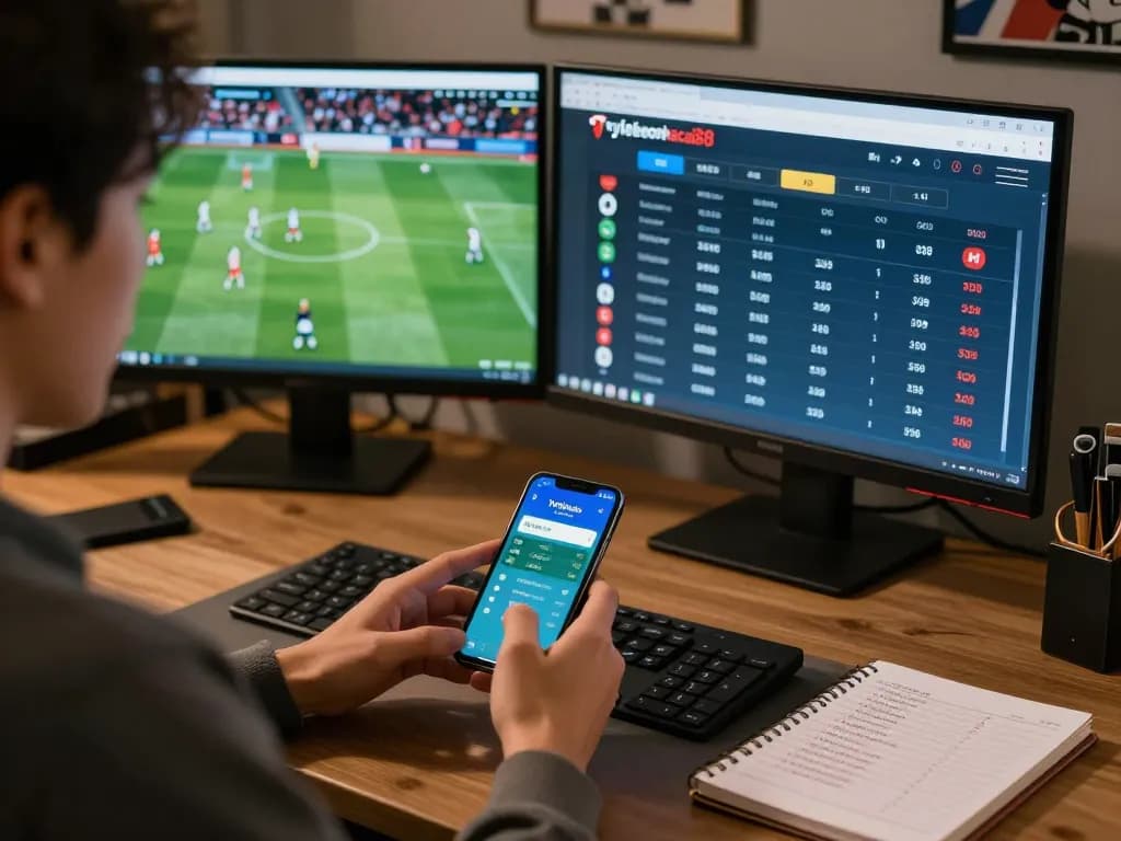 Person analyzing football odds on a dual-screen setup at home utilizing tylekeonhacai88 for sports betting strategies.