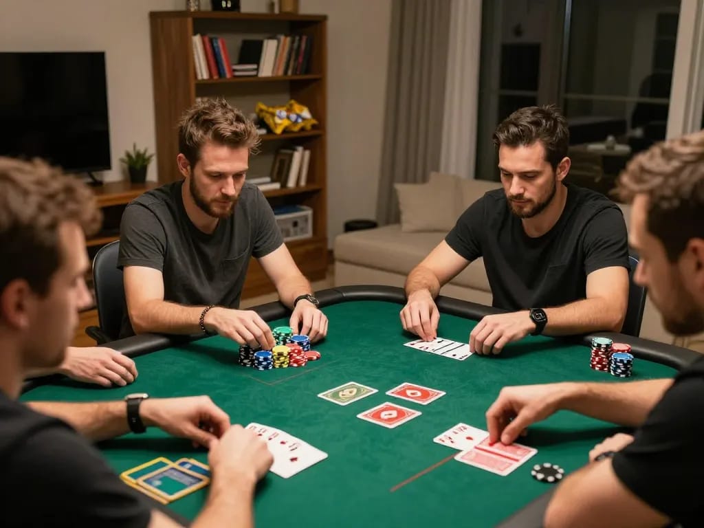 Players enjoying an engaging poker night at home using alo8, analyzing hands and placing bets.